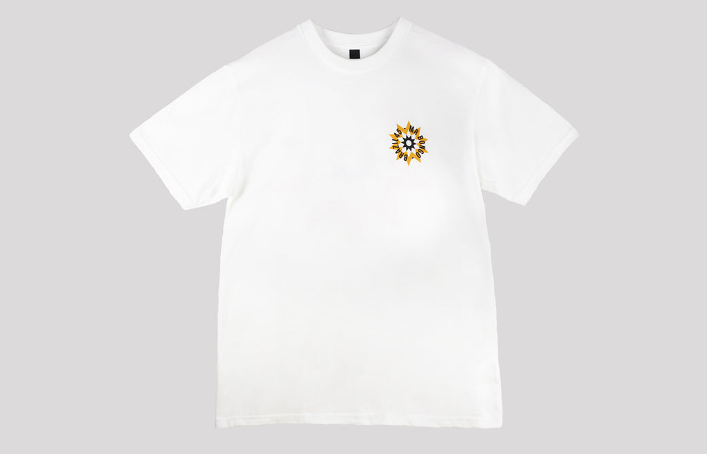 Mr Bongo Short Sleeve T-Shirt – Brazil 45 Bang (White T with Black & Yellow Print)