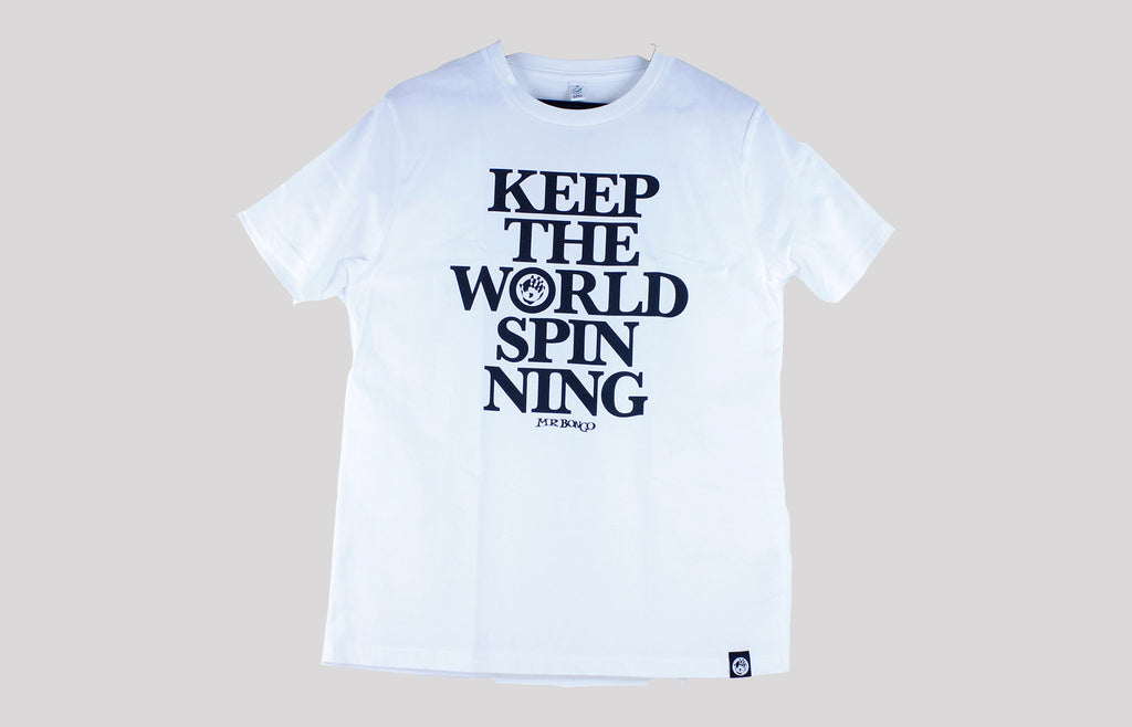 Mr Bongo Short Sleeve T-Shirt – Keep The World Spinning (White & Black)